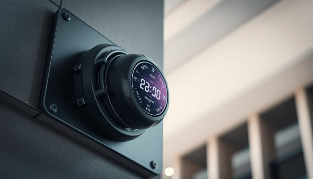 A close-up view of a seismic sensor installed on the wall of a modern high-rise building. The sensor's sturdy casing is made of matte black metal, with a circular display panel showing real-time data readouts. Intricate wiring and connectors are visible, conveying the sensor's technical complexity. Soft, diffused lighting from above illuminates the scene, casting subtle shadows that accentuate the sensor's shape and texture. The background is blurred, suggesting an interior space with muted tones, highlighting the sensor as the focal point. The overall impression is one of precision engineering and the sensor's crucial role in monitoring seismic activity to enhance building safety and automation.