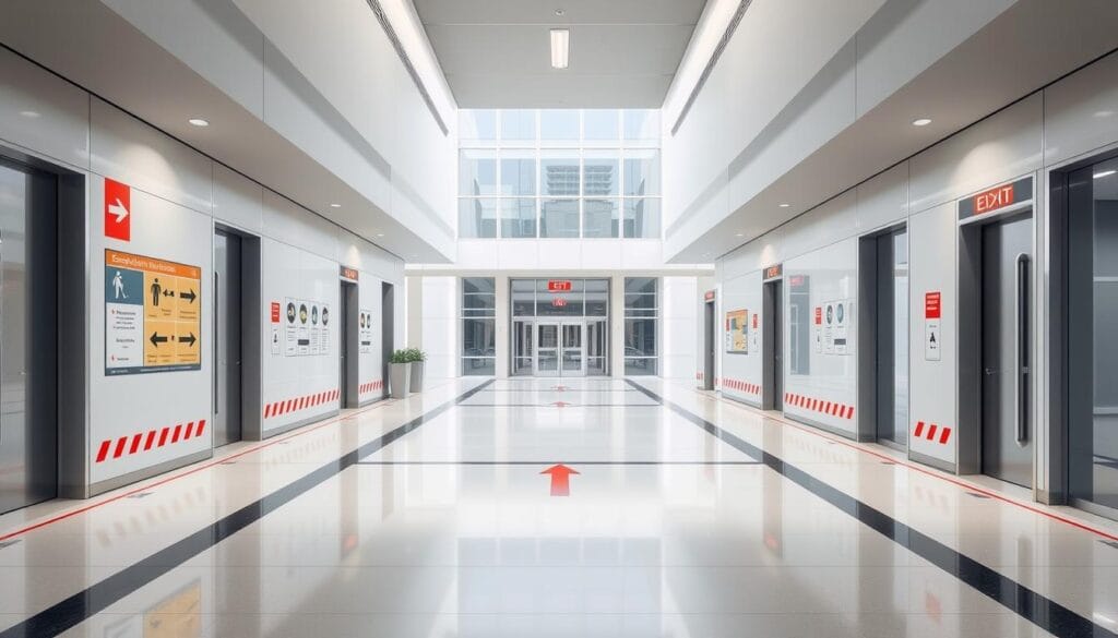 A contemporary earthquake evacuation route design, featuring a well-marked and intuitive path through a modern commercial building. The foreground showcases the evacuation signage, arrows, and emergency lighting guiding occupants to the nearest emergency exit. The middle ground depicts an unobstructed, wide corridor with sleek, minimalist architectural elements. The background reveals the building's exterior, with a clean, geometric facade and ample windows allowing natural light to filter through. The scene conveys a sense of order, safety, and efficiency, optimized for rapid and organized evacuation during a seismic event.