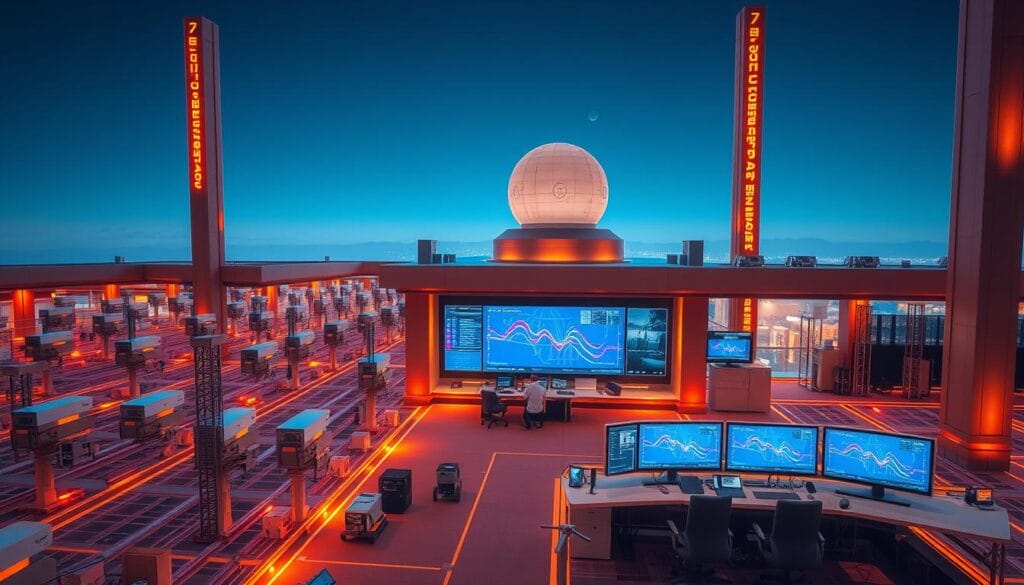 A cutting-edge earthquake early warning system designed by TOYO AUTOMATION CO.,LTD. Sleek, modern sensors meticulously arranged across a seamless network. Vibrant digital displays showcasing real-time seismic data, guiding swift emergency responses. Bold architectural elements frame the sophisticated control center, where technicians monitor the system's vital functions. Warm lighting accentuates the system's high-tech aesthetic, conveying a sense of safety and reliability. The overall composition emphasizes the system's role as a proactive defense against the destructive force of earthquakes, poised to save lives through advanced technology.