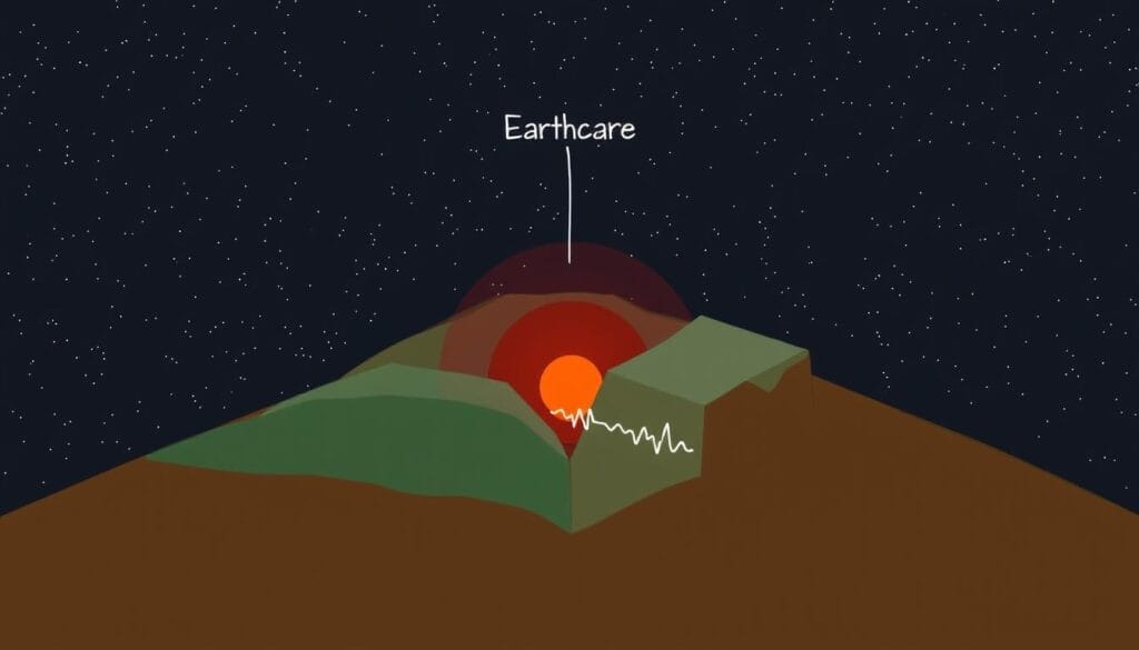 A detailed cross-sectional diagram depicting the distinct differences between the epicenter and the hypocenter of an earthquake. The foreground shows a simplified representation of the Earth's surface, with the epicenter marked by a prominent red dot. The middle ground reveals the subterranean layers, including the crust, mantle, and core, with the hypocenter represented by a pulsing energy source deep within the Earth's interior. The background features a starry night sky, conveying the vast scale and geological significance of these seismic phenomena. The image is rendered in a clean, technical style using a combination of muted tones and precise linework, emphasizing the scientific nature of the subject matter.