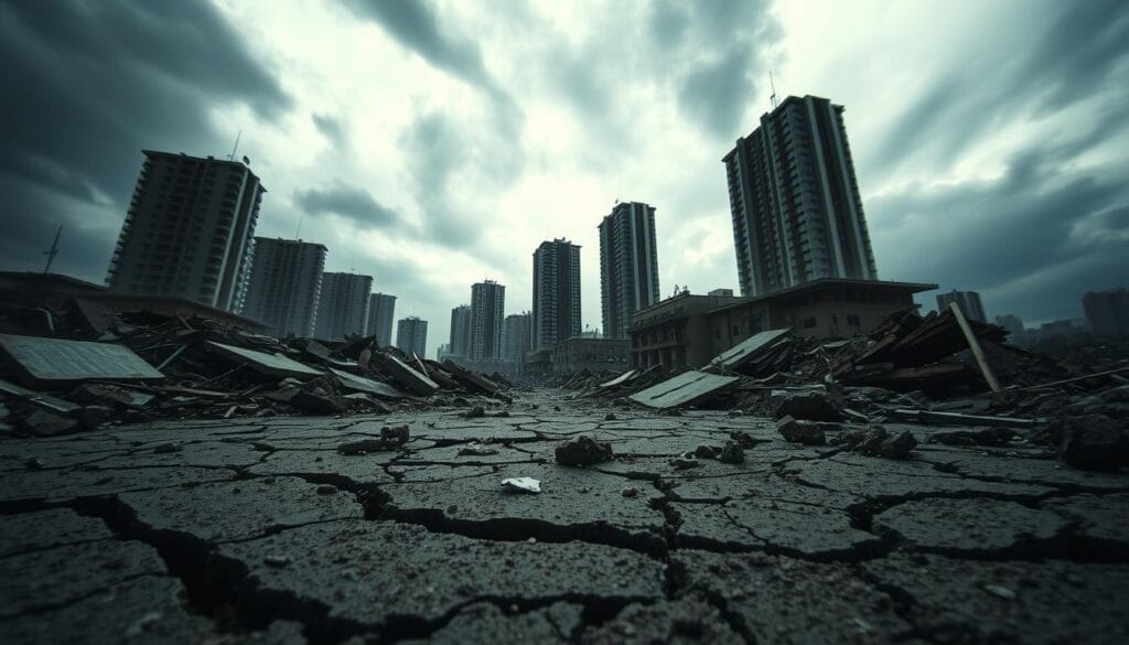 A dramatic earthquake scene, capturing the powerful impact and significance of seismic events. In the foreground, cracks ripple across the ground, debris and rubble scattered amidst crumbling structures. In the middle ground, towering buildings sway and tilt, their foundations shaken by the rumbling tremors. The background depicts an ominous cloudy sky, tinged with an eerie, ominous glow, emphasizing the gravity of the situation. Lighting is dramatic, with sharp shadows and highlights accentuating the chaos. Camera angle is low, heightening the sense of scale and immersion. The overall mood is one of tension, awe, and the profound importance of understanding the epicenter and hypocenter in the study of earthquakes.