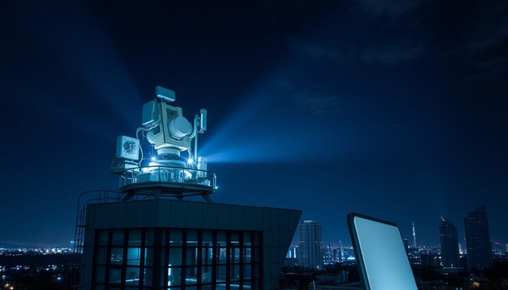 A high-tech seismic detection station set against a night sky, with a modern, angular building in the foreground. The station is equipped with an array of advanced sensors and monitoring equipment, casting an ethereal glow. In the background, a city skyline is barely visible, hinting at the broader context of urban safety and resilience. The scene conveys a sense of technological prowess and vigilance, reflecting the latest advancements in earthquake detection and prevention.