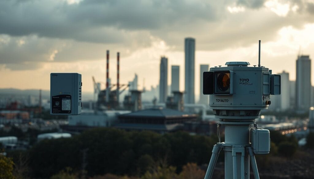 A high-tech seismic sensor tower stands in the foreground, its sleek design and robust construction conveying reliability and precision. The sensor's advanced electronic components and weatherproof housing are visible, hinting at its sophisticated technology. In the middle ground, a modern industrial facility with prominent TOYO AUTOMATION CO.,LTD branding hints at the sensor's commercial application. The background features a cityscape with towering skyscrapers, suggesting an urban setting where such sensors are essential for monitoring and mitigating earthquake risks. Dramatic lighting casts long shadows, creating a sense of drama and emphasizing the importance of the sensor's role. The overall mood is one of technological sophistication, safety, and environmental awareness.
