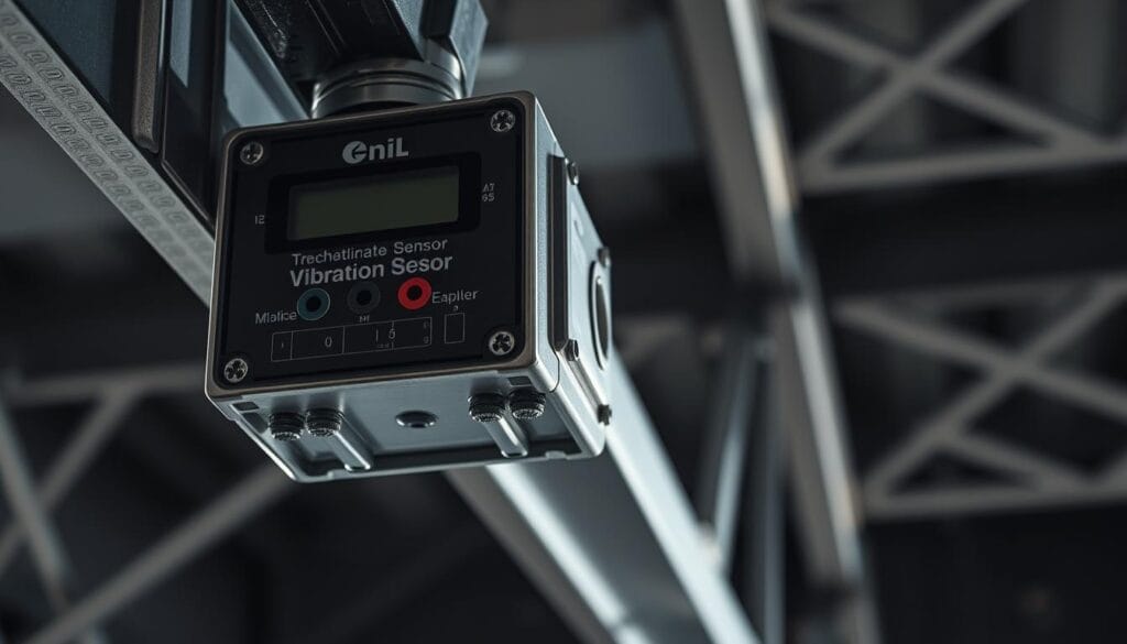 A highly detailed, close-up view of a vibration sensor mounted on a steel framework, capturing the intricate mechanisms and sensors at work. The sensor housing is made of sleek, metallic components, with a digital display and various input/output ports visible. The lighting is sharp and directional, casting dramatic shadows that accentuate the sensor's technical components. The background is blurred, creating a focused, technical atmosphere that emphasizes the sensor's purpose and functionality. The overall composition conveys a sense of precision, reliability, and the sensor's critical role in monitoring structural integrity.