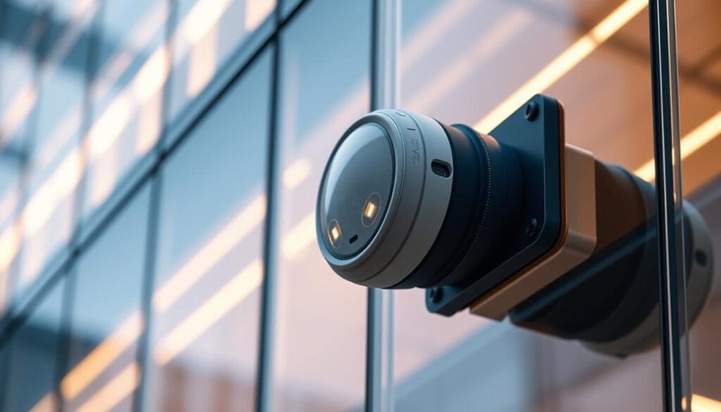 A modern, high-tech seismic sensor integrated seamlessly into a sleek, minimalist smart building design. The sensor, composed of precision-engineered components, is mounted flush against a glass facade, its discreet presence belying the advanced earthquake detection capabilities within. Subtle LED indicators blink in a rhythmic pulse, providing real-time status updates. The sensor is bathed in warm, indirect lighting, creating a sense of technological sophistication. In the background, the building's clean architectural lines and angular forms echo the sensor's geometric aesthetic, resulting in a cohesive, future-forward visual harmony.