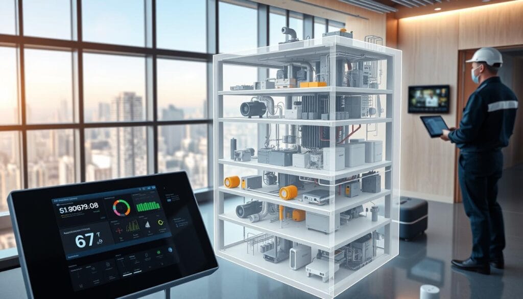 An architectural rendering of an integrated building automation system, showcasing the integration of various subsystems for earthquake safety. In the foreground, a sleek control panel displays real-time data and diagnostics, with intuitive touch controls. The middle ground features a cutaway view of the building's structure, revealing a network of sensors, actuators, and emergency systems working in harmony. In the background, a technician monitors the system on a wall-mounted display, with a cityscape of high-rise buildings visible through the windows. The scene conveys a sense of sophisticated, cutting-edge technology seamlessly woven into the built environment, ensuring the safety and resilience of the structure during seismic events.