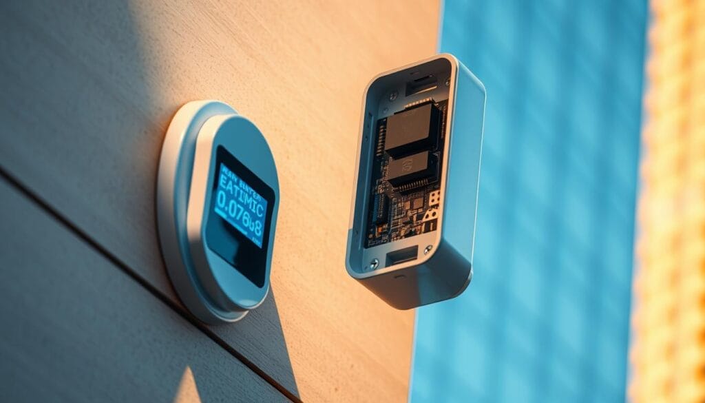 A close-up view of a modern earthquake sensor, its sleek metallic exterior housing an array of advanced electronic components. The sensor is mounted on the wall of a high-rise building, its digital display showing real-time seismic activity data. Warm, directional lighting casts dramatic shadows, emphasizing the sensor's precise engineering and intricate design. The background blurs softly, drawing the viewer's attention to the sophisticated technology that protects the building from the unseen forces of nature. An atmosphere of technological sophistication and safety permeates the scene, conveying the critical role of earthquake sensors in ensuring the structural integrity of modern architecture.