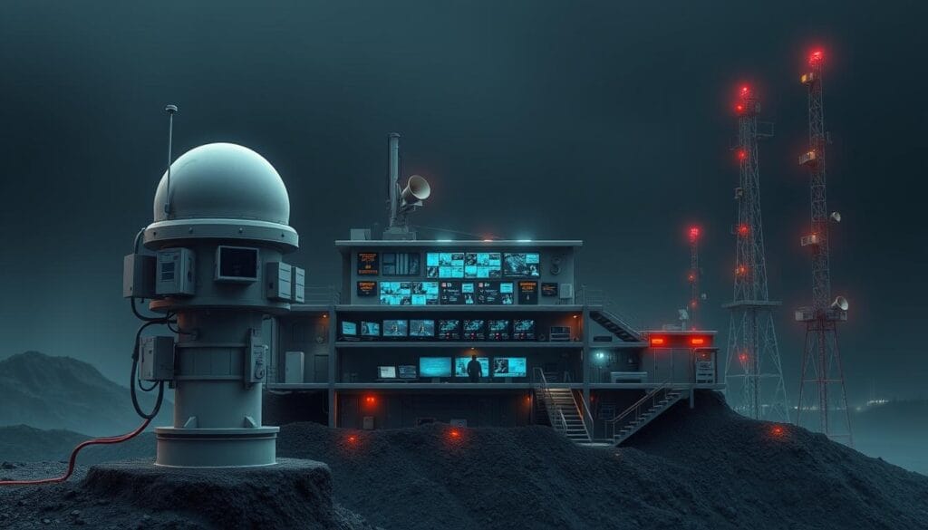 A detailed cross-section view of a comprehensive earthquake warning system, with a seismic sensor station in the foreground, a central monitoring hub in the middle ground, and warning sirens and indicator lights in the background. The sensor station has a sturdy, weatherproof casing and integrated data transmission equipment. The monitoring hub features multiple display screens, control panels, and backup power systems. The warning infrastructure includes tall towers with flashing lights and loudspeakers, all bathed in a moody, low-key lighting to convey a sense of gravity and preparedness. The scene exudes a technical, industrial aesthetic, reflecting the advanced nature of the earthquake detection and alerting capabilities.