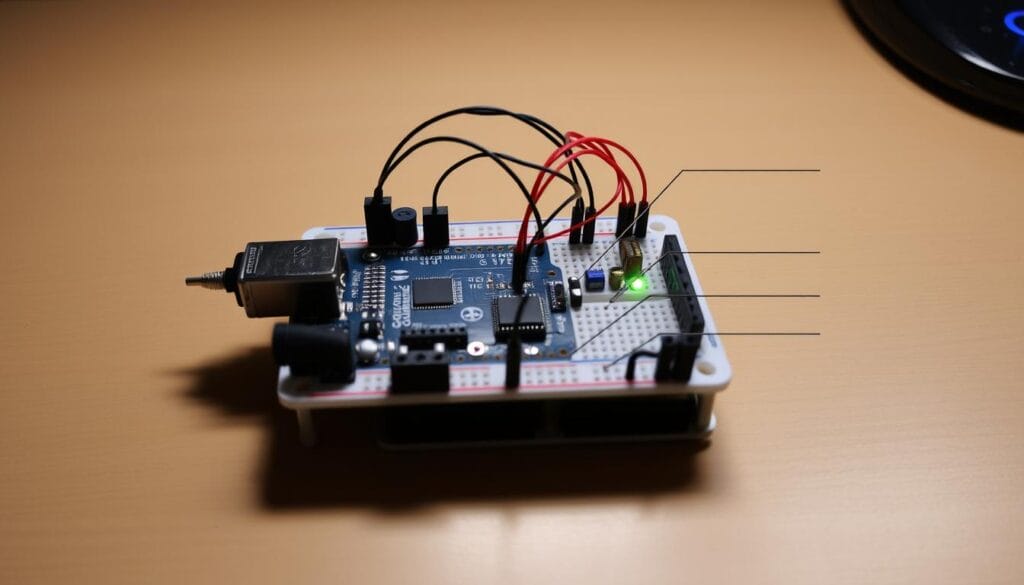 A detailed technical diagram of an Arduino-based earthquake sensor. The sensor is placed on a desk, illuminated by soft, indirect lighting. The device features a microcontroller, vibration sensor, and various components connected by wires. The background is a plain, muted color, allowing the sensor to be the focal point. The overall mood is informative and educational, conveying the technical nature of the subject matter. The angle is a slightly elevated perspective, providing a clear view of the sensor's internal structure and circuitry.