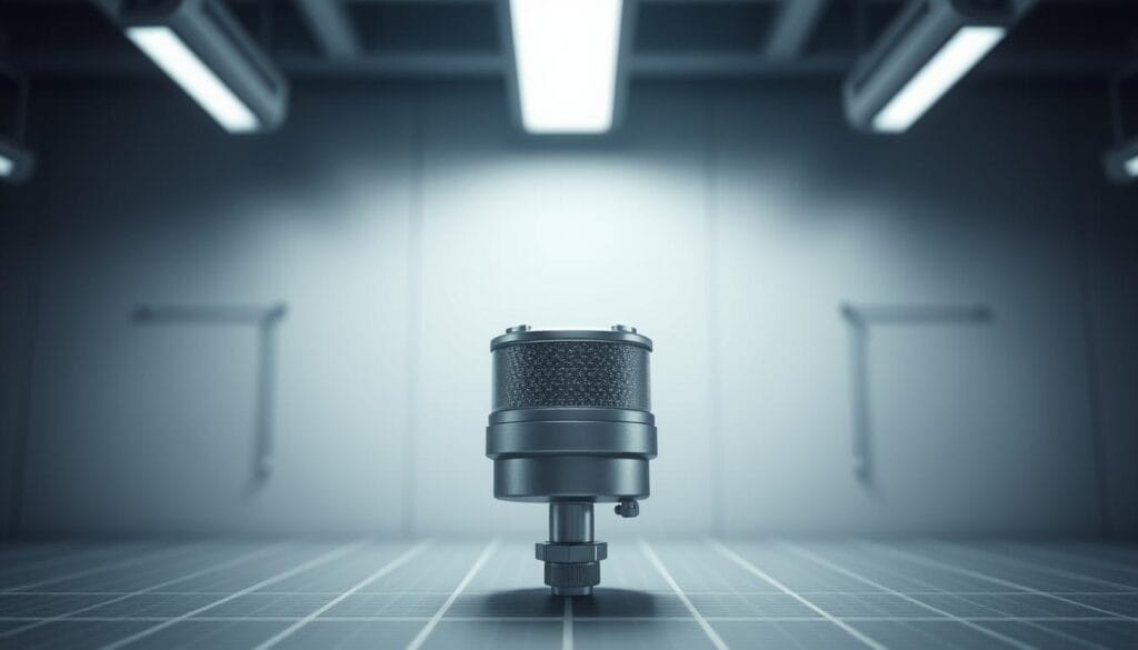 A high-quality earthquake sensor displayed in a professional, technical setting. The sensor is centered in the frame, showcasing its intricate design and precise engineering. The background is a clean, minimalist workspace with subtle grid patterns and muted tones, highlighting the sensor's engineering sophistication. Diffused lighting from above casts a soft, even glow, emphasizing the sensor's sleek, metallic finish. The angle is slightly elevated, giving a sense of authority and expertise. The overall tone is one of precision, reliability, and cutting-edge technology - key attributes of a superior earthquake sensor.