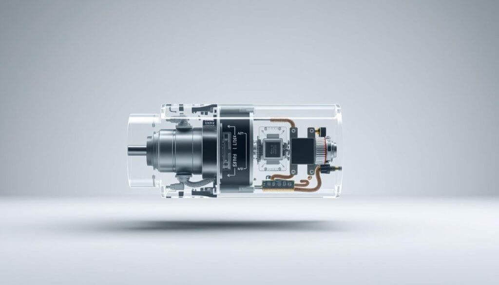 A highly detailed, technically accurate diagram of a modern earthquake sensor designed for elevator safety systems. The sensor is shown in cross-section, with transparent housing revealing intricate internal components like accelerometers, microchips, and wiring. The sensor is depicted in a sleek, minimalist style with strong lighting and subtle shadows to convey a sense of technological sophistication. The background is a plain, neutral color to keep the focus on the sensor itself. The overall mood is one of precision, innovation, and safety-conscious engineering.