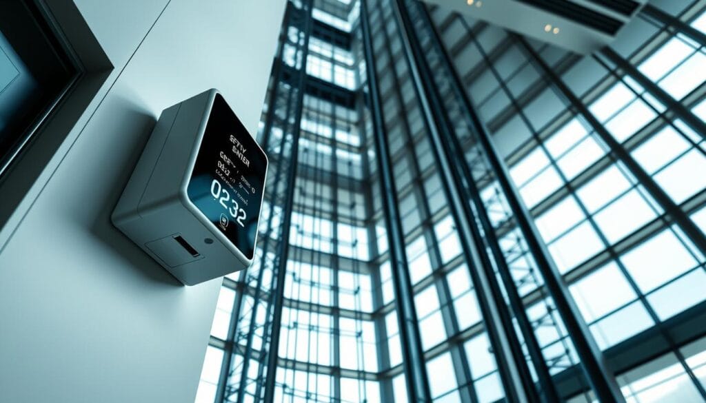 A modern high-rise building's interior, with a sleek, minimalist design. In the foreground, a prominently displayed seismic sensor, its sleek, angular form blending seamlessly with the surrounding architecture. The sensor is mounted on the wall, its digital display providing real-time data on ground motion and vibrations. The middle ground features the elevator shaft, its glass panels allowing a clear view of the sensor's integration with the building's safety systems. The background showcases the building's atrium, filled with natural light that streams in through the floor-to-ceiling windows, creating a sense of openness and technological sophistication. The overall mood is one of safety, efficiency, and cutting-edge design, reflecting the importance of seismic monitoring in modern high-rise construction.