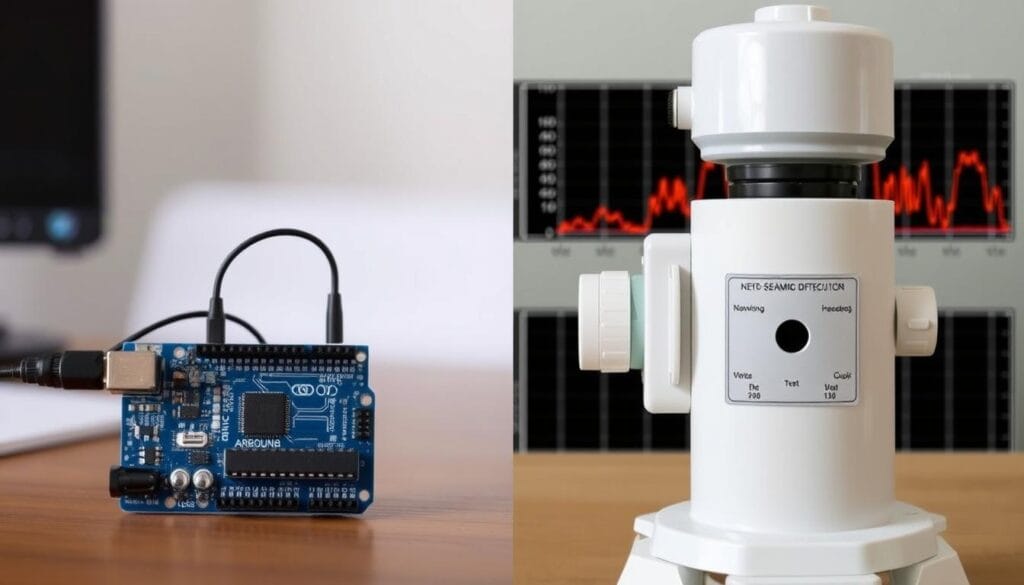 A side-by-side comparison of an Arduino-based earthquake sensor and a professional-grade seismic monitoring instrument. The Arduino sensor, with its modest components, stands in contrast to the sophisticated, high-precision equipment used by experts. The foreground showcases the two devices, highlighting their physical differences. The middle ground depicts test setups, illustrating the disparate approaches to data collection and analysis. In the background, a seismic activity chart conveys the nuanced performance differences between the two systems, underscoring the need for reliable, life-saving earthquake detection technology.