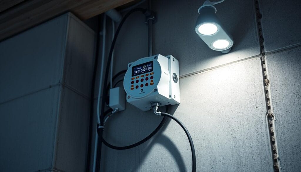 A well-lit, detailed installation of a seismic sensor on a concrete wall, showcasing the sensor's components and wiring. The sensor is mounted at eye level, with its displays and indicators visible. The surrounding area is clean and organized, with cables and conduits neatly routed. The lighting is bright and evenly distributed, highlighting the technical aspects of the installation. The overall mood is one of professionalism and attention to detail, conveying the importance of proper seismic sensor installation and maintenance.