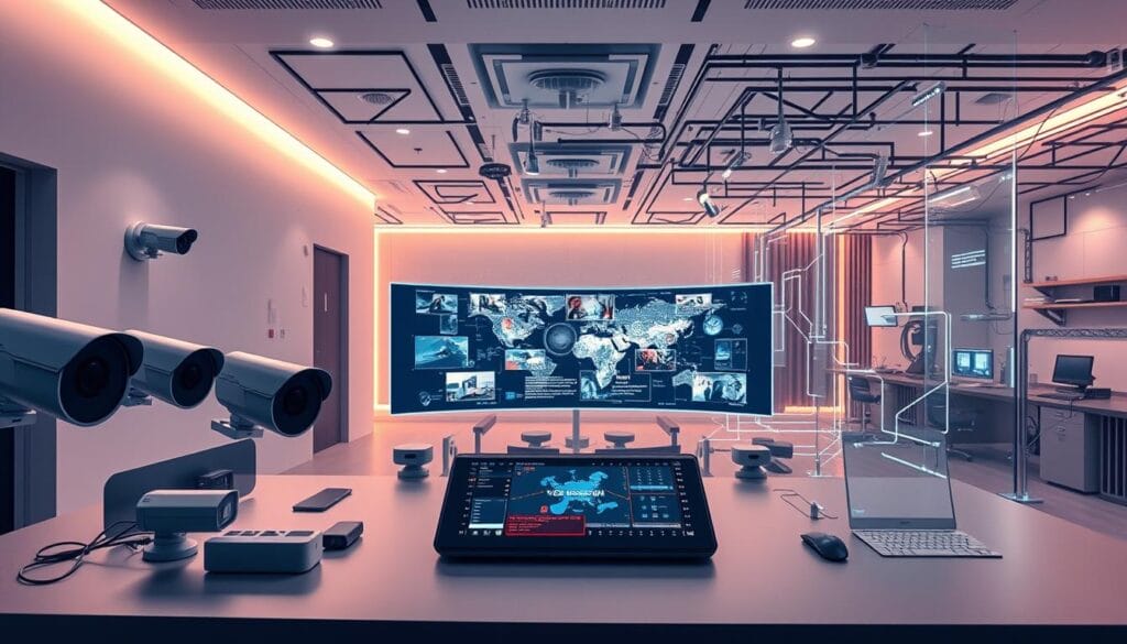 A modern security system integration, showcasing a sleek and minimalist control panel with holographic interfaces. In the foreground, a series of high-resolution security cameras and motion sensors seamlessly blended into the architecture. The middle ground features a panoramic display showing live feeds from various access points, with AI-powered threat detection algorithms highlighting potential risks. In the background, a complex network of interconnected devices, servers, and encrypted communication channels, all operating under a unified, intelligent command center. The lighting is a soft, ambient glow, emphasizing the advanced, futuristic nature of the setup. The overall atmosphere conveys a sense of technological sophistication, efficiency, and unwavering vigilance, perfectly suited to illustrate the integration of modern security technologies.