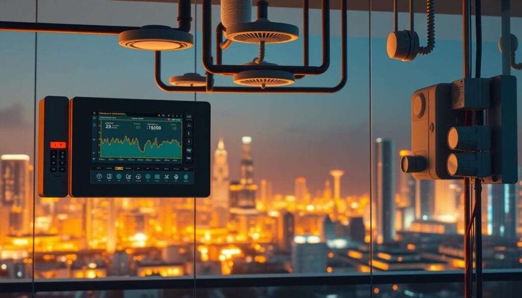 A modernized fire alarm system seamlessly integrated with earthquake sensors, showcasing sleek, interconnected devices. In the foreground, a centralized control panel displays real-time monitoring of seismic activity and fire hazard alerts. The middle ground features a network of discreet smoke detectors and heat sensors blending harmoniously with the building's architecture. The background depicts a vibrant, futuristic cityscape, hinting at the advanced technological integration within this comprehensive safety system. Warm, ambient lighting illuminates the scene, creating a sense of security and reliability. The overall composition conveys the synergy between fire prevention and seismic preparedness, empowering building occupants with a heightened sense of safety.