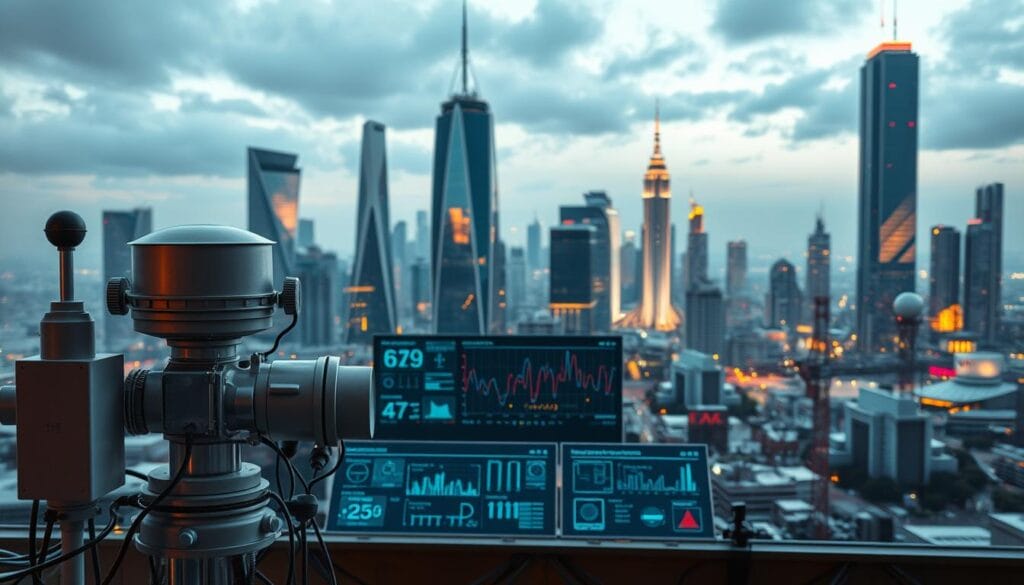 A sleek, futuristic earthquake detection system against a backdrop of a modern cityscape. In the foreground, a sophisticated array of sensors and instruments, meticulously arranged to monitor seismic activity. The middle ground features a series of display panels showcasing real-time data visualizations, highlighting the technology's precision and efficacy. In the background, a skyline of gleaming skyscrapers and high-tech infrastructure, conveying the integration of this cutting-edge earthquake detection system within the urban landscape. Diffused, ambient lighting casts a warm, authoritative glow, emphasizing the system's reliability and the city's commitment to disaster preparedness. The overall composition evokes a sense of technological prowess, scientific rigor, and proactive safety measures.