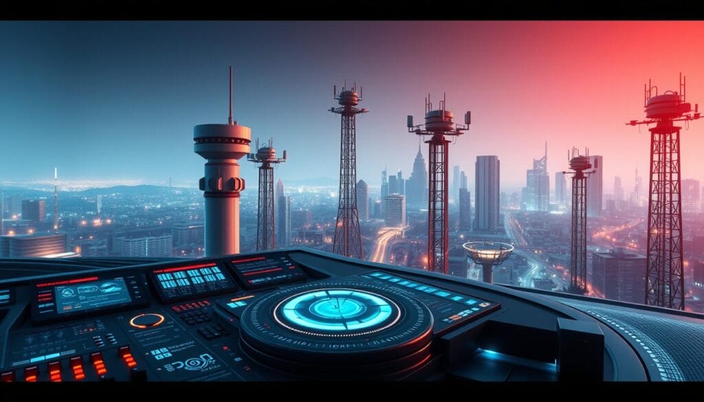 A sleek, futuristic seismic detection system, showcasing a network of advanced sensors and monitoring stations. The foreground features a central control panel with holographic displays, blinking lights, and intricate circuit boards. In the middle ground, multiple sensor towers stand tall, equipped with sophisticated scanning equipment and antennas, while the background depicts a cityscape with modern architecture, hinting at the system's integration within the urban environment. The scene is illuminated by a cool, bluish lighting, creating a sense of technological prowess and preparedness for seismic events. The overall composition conveys a comprehensive, cutting-edge earthquake detection and response system.