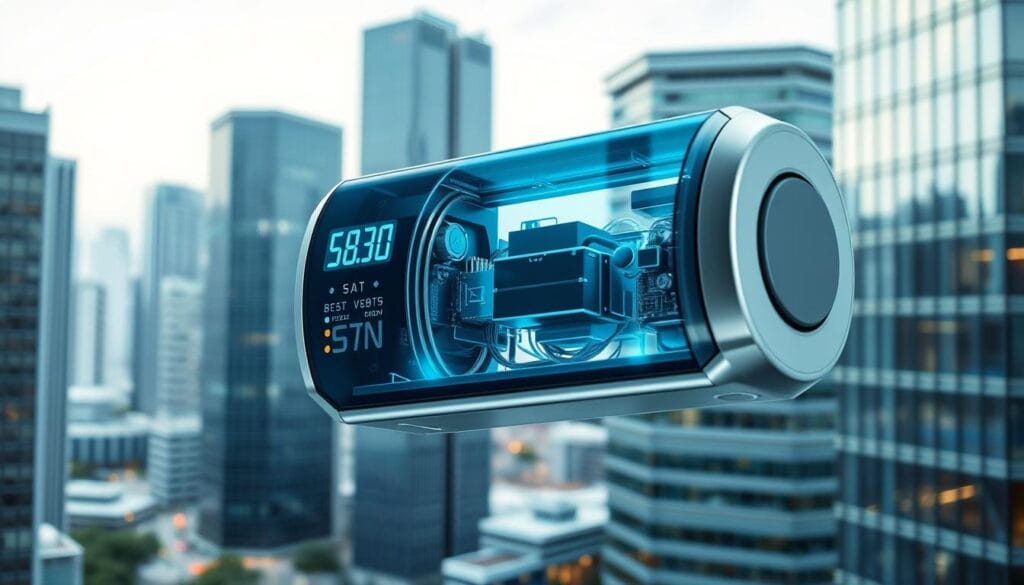 A sleek, high-tech earthquake sensor device hovers in the foreground, its elegant form and precise digital readouts conveying advanced engineering. The middle ground features a cutaway view revealing the intricate inner workings - sensors, processors, and communication modules seamlessly integrated. In the background, a cityscape of modern hospital buildings stands, symbolizing the application of this cutting-edge technology in critical infrastructure. Crisp lighting highlights the sensor's metallic surfaces, while a subtle blue-green color palette evokes a sense of reliable, state-of-the-art functionality. The overall composition showcases Toyo Automation's expertise in delivering the best earthquake detection systems for hospital elevators, enabling immediate automatic responses to ensure safety.
