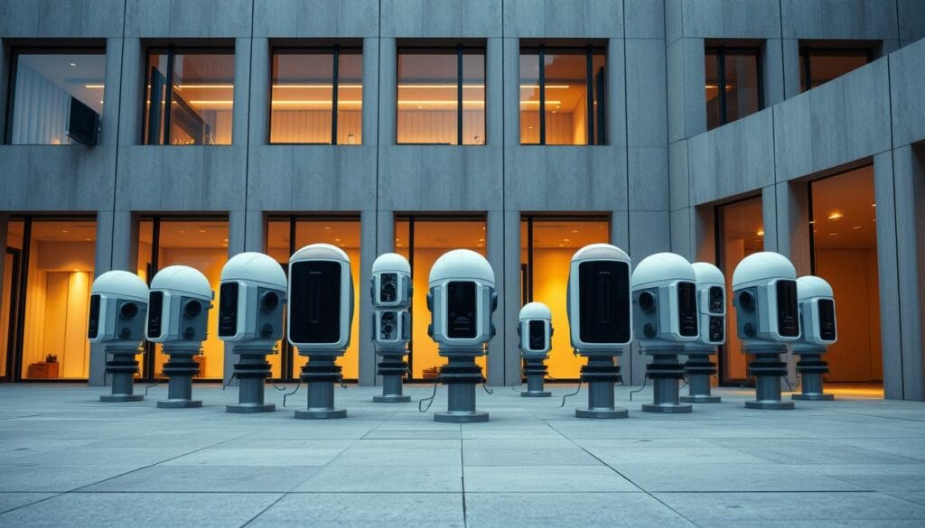 A sleek, high-tech earthquake sensor system, featuring a collection of state-of-the-art seismic detectors strategically placed against a backdrop of modern architecture. The sensors are seamlessly integrated, their elegant designs blending harmoniously with the clean, minimalist lines of the building. Diffused lighting casts a warm, ambient glow, creating a sense of precision and professionalism. The overall scene conveys a sophisticated, cutting-edge approach to earthquake monitoring and data integration, hinting at the powerful technological capabilities that lie within.