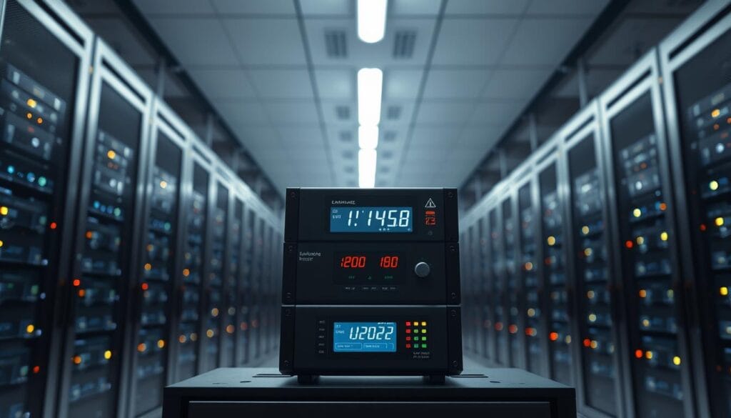 A sleek, modern data center interior with a prominent earthquake sensor display prominently showcased. The sensor is positioned on a central console, its digital readouts and indicator lights clearly visible. The background features rows of server racks, their LED status lights softly glowing. Overhead, the lighting is bright yet diffused, creating an atmosphere of precision and control. The overall scene conveys a sense of advanced technology and robust safety measures, perfectly capturing the advanced earthquake detection capabilities of the Toyo Automation sensor system.