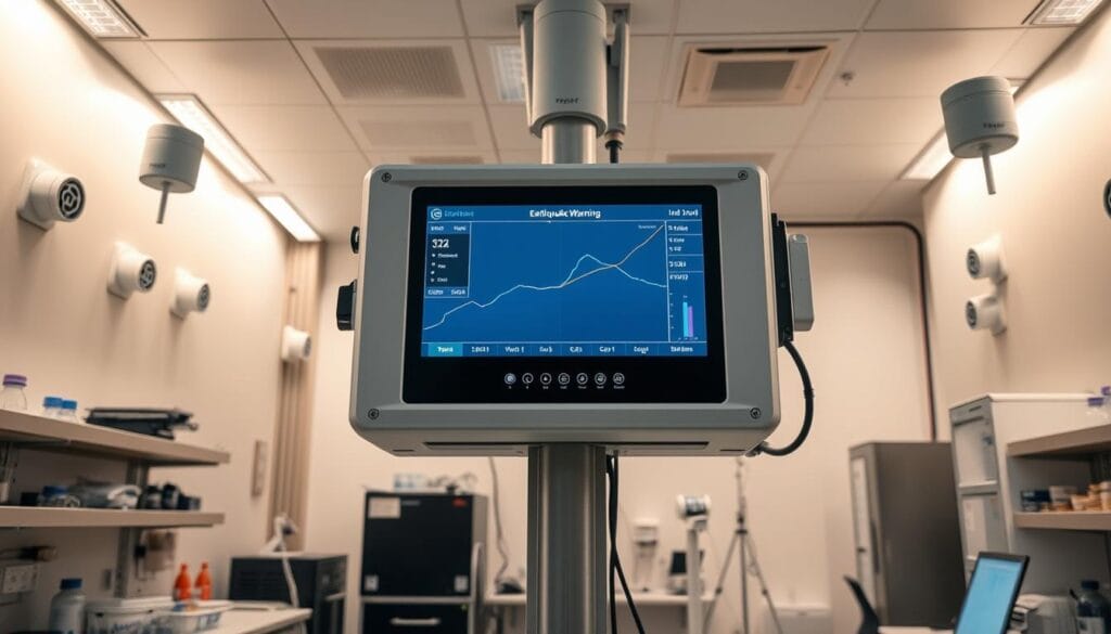 A sleek, modern earthquake warning system displayed prominently in a well-equipped laboratory setting. The system features a touchscreen interface, status indicators, and precise sensor arrays mounted on the walls and ceiling, creating an impression of advanced seismic monitoring capabilities. Subtle yet impactful lighting illuminates the clean, minimalist design, conveying a sense of professionalism and scientific precision. The overall scene evokes a high-tech, forward-thinking environment dedicated to safeguarding valuable research equipment and ensuring the safety of laboratory personnel.