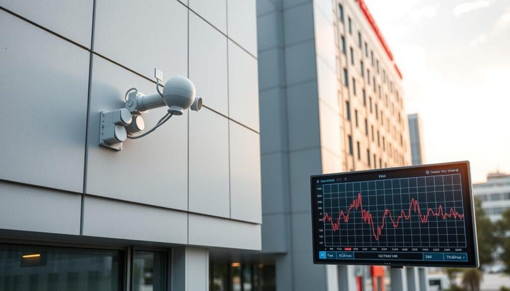 A sleek, modern hospital building with a discreet seismic sensor system installed on the exterior. The sensor array is mounted on the façade, seamlessly integrated into the architectural design. The sensors are arranged in a grid pattern, their metallic casings gleaming under the soft, diffused lighting. In the foreground, a display panel shows real-time seismic data, visualizing the tremors and vibrations detected by the sensors. The background features a serene, urban landscape, with the hospital standing as a beacon of technological preparedness and patient safety.