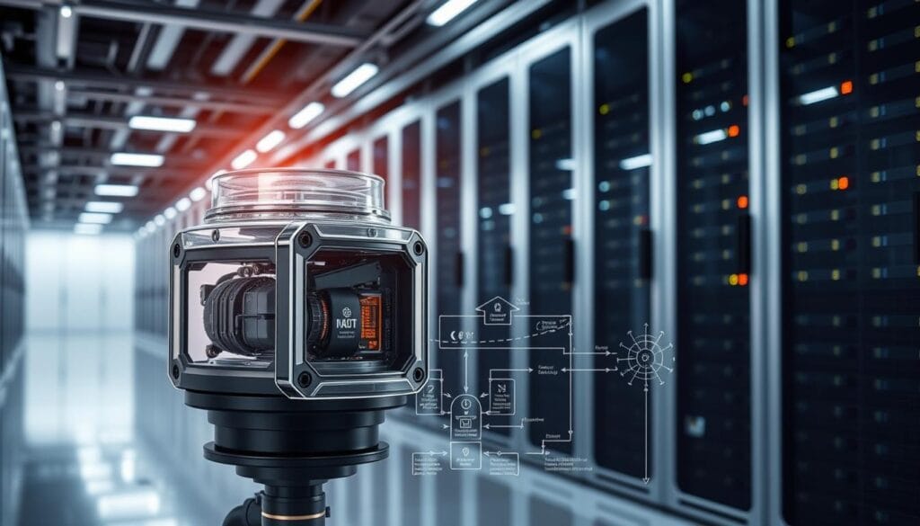 A state-of-the-art data center, its sleek servers bathed in a soft, ambient glow. In the foreground, a sophisticated earthquake detection sensor, its intricate components visible through a transparent casing. The sensor's display panel shows real-time seismic activity data, providing vital information to safeguard the facility. The middle ground features a schematic diagram, detailing the sensor's advanced functionality and integration with the data center's critical systems. In the background, a panoramic view of the data center's modern architecture, emphasizing its scale and technological prowess. The overall scene conveys a sense of precision, security, and the seamless integration of cutting-edge earthquake detection technology within the data center's infrastructure.