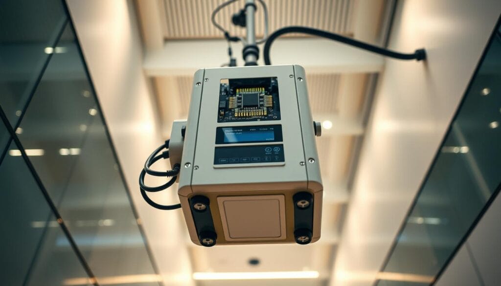 A state-of-the-art earthquake sensor system installed within a modern commercial building, capturing real-time seismic data. The device features a sleek, minimalist design with high-precision accelerometers and a compact control panel. Soft, indirect lighting illuminates the sensor's advanced circuitry and display, conveying a sense of technological sophistication. The scene is shot from a low angle, emphasizing the sensor's sturdy, reliable construction and its crucial role in monitoring the building's structural integrity. An atmosphere of quiet professionalism and safety-conscious engineering pervades the image.