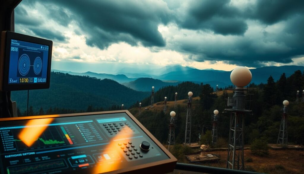 A technologically advanced earthquake early warning system, featuring a network of sensitive seismic sensors distributed across a hilly, forested landscape. In the foreground, a sleek, modern control panel displays real-time data and alert levels. The middle ground showcases the various sensor stations, their delicate instruments blending seamlessly with the natural environment. In the background, a panoramic view of the surrounding mountains, with ominous storm clouds gathering, setting the tone of impending danger and the need for vigilance. The lighting is a mix of warm, ambient tones and the cool, blue hues of the digital interfaces, creating a sense of technological prowess combined with the unpredictable forces of nature.
