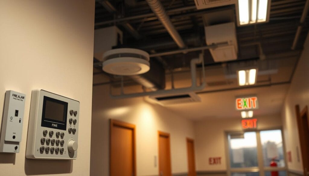 A well-lit interior scene depicting a modern fire alarm system. The foreground shows a wall-mounted fire alarm control panel with various buttons, indicators, and LCD display. The middle ground features a smoke detector and sprinkler head protruding from the ceiling, casting soft shadows. In the background, emergency exit signs and fire extinguishers are visible, creating a sense of safety and preparedness. The scene is bathed in a warm, ambient lighting, conveying a professional and functional atmosphere suitable for a commercial or institutional building.