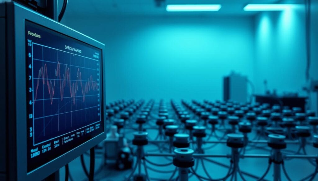 An integrated earthquake warning system, showcasing a sleek and modern design. In the foreground, a high-resolution display panel depicts real-time seismic data, providing critical information to researchers. The middle ground features a network of interconnected sensors, meticulously arranged to capture the slightest tremors. In the background, a minimalist, well-lit laboratory setting, conveying a sense of precision and state-of-the-art technology. Subtle blue and green hues create a calming, yet scientific atmosphere, emphasizing the advanced capabilities of Toyo Automation's earthquake monitoring solutions. The overall composition exudes a harmonious balance between form and function, reflecting the system's ability to safeguard valuable research equipment.