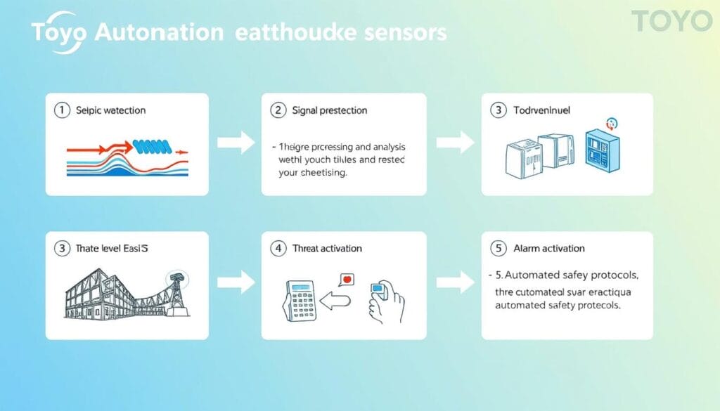 Diagram cara kerja sensor gempa Toyo Automation dengan sistem peringatan dini