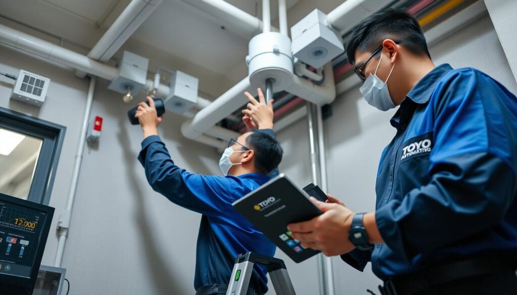 Tim teknisi Toyo Automation sedang melakukan instalasi dan kalibrasi sensor gempa