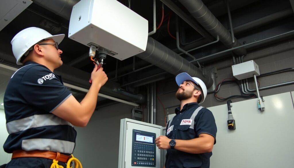 Tim teknisi profesional sensorgempa.com memasang sensor gempa Toyo Automation