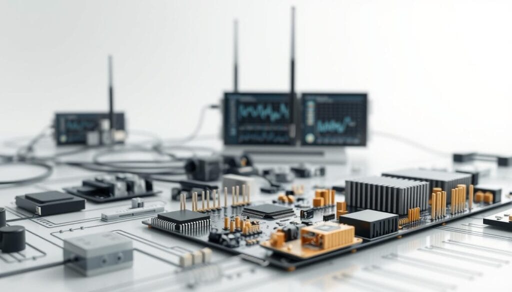a highly detailed and photorealistic rendering of an IoT-based vibration detection system. The foreground should showcase the core hardware components, such as vibration sensors, microcontrollers, and wireless communication modules, all arranged in a clean, organized layout. The middle ground should depict the integration of these components into a cohesive system, perhaps with data visualization elements like graphs or dashboards. The background should feature a clean, minimalist environment that emphasizes the technological nature of the system, with subtle lighting and shadows to create depth and a sense of dimensionality. The overall mood should convey a sense of precision, efficiency, and modern industrial design.