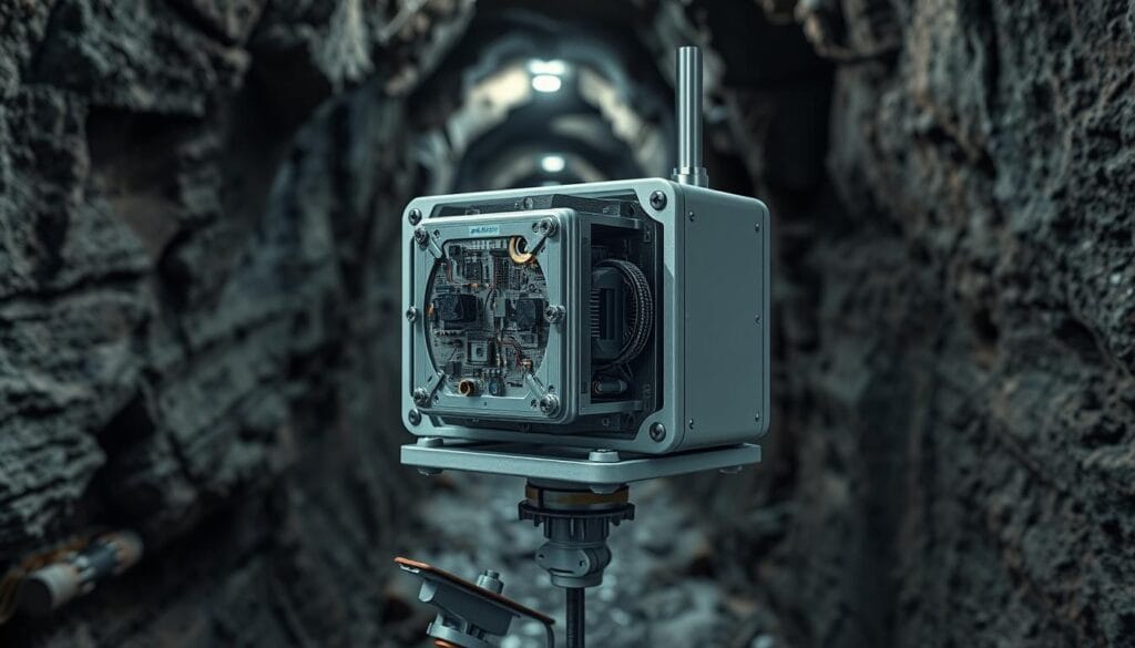 A cross-section of a mining infrastructure, showcasing a seismic sensor monitoring the underground terrain. The sensor is mounted on a sturdy metal frame, its intricate components and circuitry visible, conveying a sense of technical precision. The background depicts the cavernous interior of a mine, with rugged concrete walls and the faint glow of overhead lighting, creating a subdued, industrial atmosphere. The sensor is positioned at the center, its importance highlighted by the careful composition and attention to detail. The overall scene conveys the critical role of seismic monitoring in ensuring the safety and stability of mining operations.