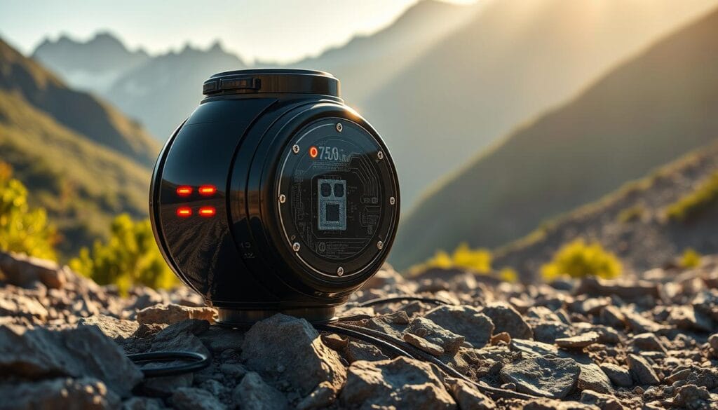A high-resolution photograph of a state-of-the-art seismic sensor used in mining infrastructure. The sensor is positioned on a rugged, rocky terrain, surrounded by lush greenery and towering mountains in the background. The sensor's sleek, cylindrical design features a glossy black exterior with intricate circuitry visible through a transparent panel. Bright LED indicators illuminate the sensor's various functionalities. The scene is bathed in warm, directional sunlight, casting dramatic shadows and highlights that accentuate the sensor's robust and precise engineering. The overall mood conveys a sense of advanced technology seamlessly integrated into the natural environment, reflecting the cutting-edge solutions offered by Toyo Automation TAC for the mining industry.