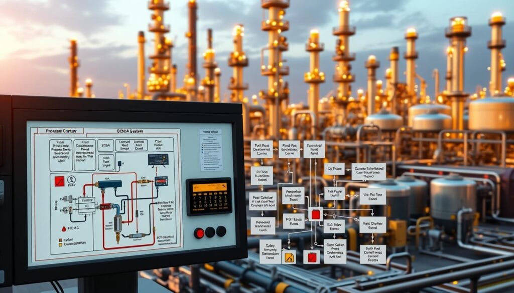 A highly integrated industrial control system, featuring a central SCADA interface monitoring various subsystems. In the foreground, a detailed schematic of a process control loop, with sensors, valves, and a PID controller. Behind it, a complex network diagram showing interconnected ESD, fire and gas detection, and safety shutdown systems. The background depicts a realistic 3D rendering of an oil refinery, with towering distillation columns, pipes, and storage tanks bathed in warm lighting. The overall atmosphere conveys a sense of technological sophistication, industrial efficiency, and safety-critical importance.