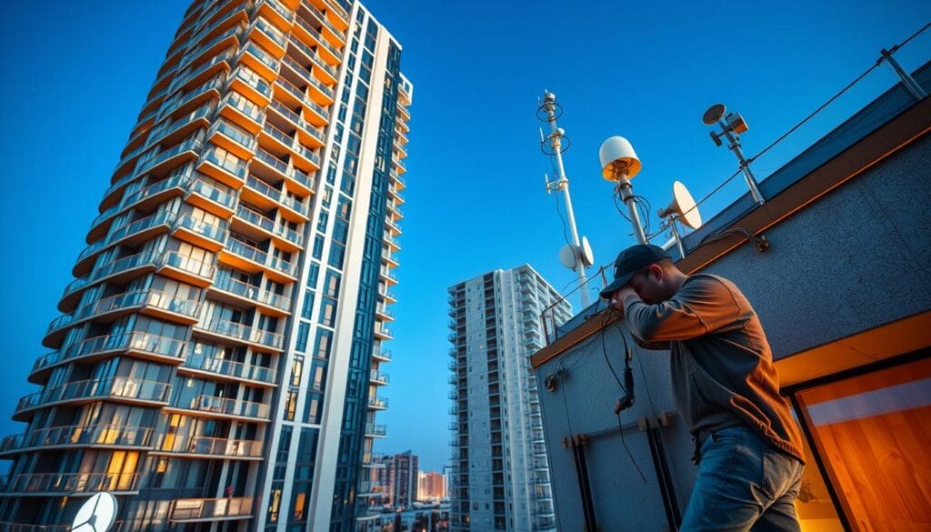 A modern apartment building, its exterior gleaming with glass and steel. Atop the structure, a network of sensors and antennas stand vigilant, ready to detect the slightest tremor. In the foreground, a technician meticulously installs the final components of the earthquake early warning system, the warm glow of work lights casting dramatic shadows. The scene conveys a sense of preparedness and security, with the city skyline visible in the distance, a testament to the importance of this critical infrastructure. The image should be captured from a low angle, emphasizing the scale and complexity of the installation, while maintaining a clean, technical aesthetic.