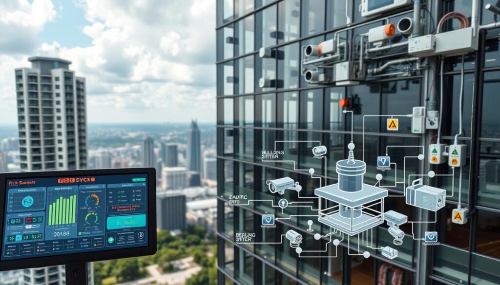 A modern high-rise building with an integrated security system, featuring a network of motion sensors, security cameras, and emergency communication devices. In the foreground, a digital control panel displays real-time data on building occupancy, temperature, and emergency alerts. The middle ground showcases a detailed schematic of the building's security infrastructure, highlighting the seamless integration of various subsystems. The background depicts a panoramic view of the cityscape, emphasizing the building's prominent position and the importance of its security features. The overall scene conveys a sense of technological sophistication, efficiency, and preparedness in the face of potential emergencies.