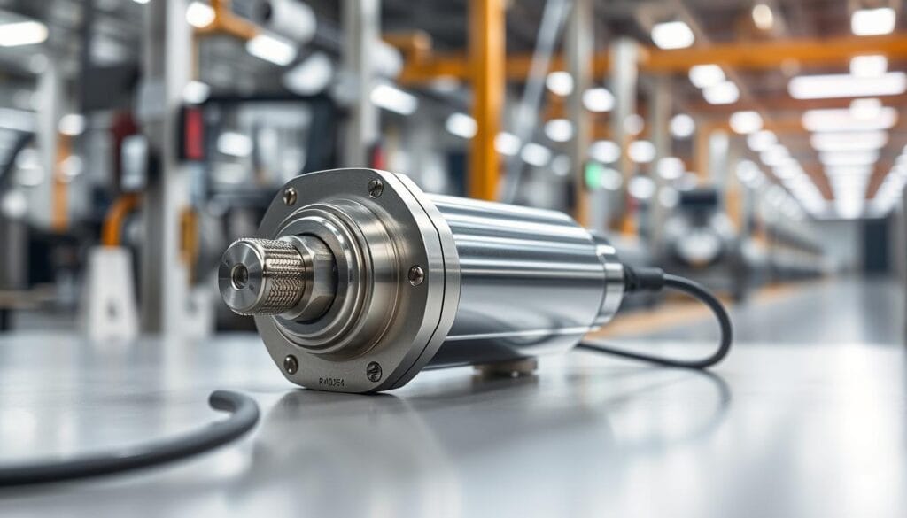 A precision seismic sensor, its metallic body gleaming under the soft studio lighting. The sensor's sleek design and advanced electronics convey a sense of cutting-edge technology, perfectly suited for the high-precision needs of an automotive factory. In the background, a blurred factory floor with machinery and workstations, hinting at the sensor's application in a real-world industrial setting. The overall composition is balanced, with the sensor taking center stage, surrounded by a clean, minimalist environment that emphasizes its technical prowess and importance in the factory's earthquake detection system.