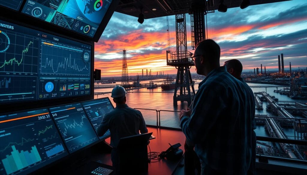 A real-time data collection hub, with a sleek control center monitoring seismic sensors across the oil and gas infrastructure. The foreground features a large interactive dashboard, displaying live data visualizations and analytics. The middle ground showcases engineers collaboratively analyzing the data, making informed decisions to maintain safe operations. The background depicts a panoramic view of the facility, with towering oil rigs and pipelines silhouetted against a vibrant sky. Dramatic lighting casts shadows and highlights the technological prowess, while a sense of urgency and precision permeates the scene.