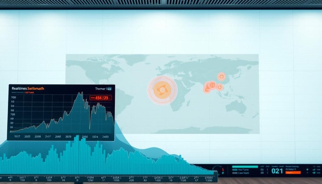 A real-time earthquake data visualization on a modern, minimalist display. The foreground shows a sleek, digital seismograph with live feed of tremor readings, color-coded for intensity. The middle ground features a geographical map with active earthquake hotspots highlighted in dynamic, pulsing visual effects. The background has a clean, neutral color palette with subtle grid lines, suggesting a professional monitoring dashboard. The overall mood is one of technological sophistication and immediate disaster awareness, conveying the concept of a responsive, data-driven system for earthquake preparedness.