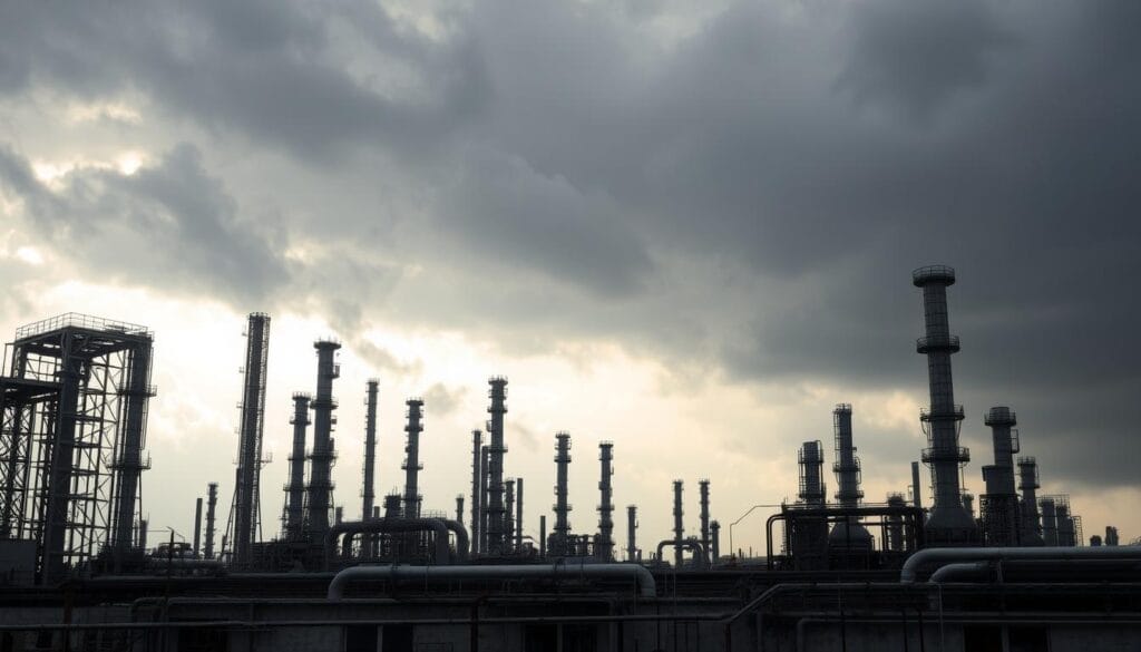A sprawling oil refinery nestled in the heart of a seismic hotspot, towering steel structures silhouetted against a moody, overcast sky. In the foreground, a network of pipes and machinery, casting long shadows across the weathered concrete. The scene exudes a palpable sense of vulnerability, as if the earth could rumble to life at any moment, threatening to unleash catastrophic forces upon the fragile industrial complex. Soft, diffused lighting filters through the clouds, lending an air of trepidation and unease. This is the harsh reality of Indonesia's oil industry, where the spectre of devastating earthquakes looms large, demanding a heightened focus on safety and resilience.