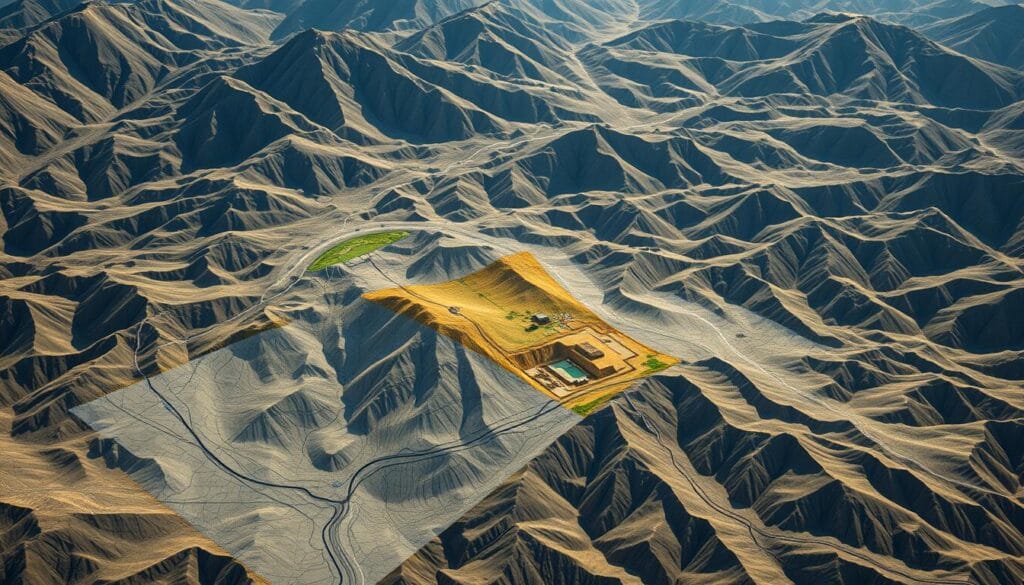 Aerial view of a gas facility, with a detailed topographic map overlaying the site. The map shows contour lines, elevation data, and fault lines, highlighting seismic risk zones and critical areas. The facility is nestled in a rugged, mountainous landscape, with a network of pipelines snaking through the terrain. Muted tones of gray, brown, and green create a technical, analytical atmosphere. Subtle lighting casts long shadows, emphasizing the undulating topography. The perspective is slightly elevated, providing a comprehensive overview of the mapped area and its relation to the surrounding environment.