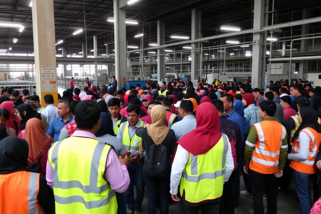 Karyawan pabrik tekstil di titik kumpul evakuasi setelah peringatan Sensor Gempa Toyo Automation