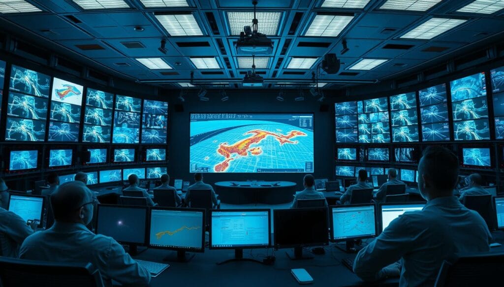 Monitoring seismic activity: A panoramic view of a modern control room, filled with a network of screens displaying real-time seismic data. Rows of technicians intently monitoring sensor feeds, their faces illuminated by the soft glow of monitors. In the foreground, a large central screen showcases a 3D topographical map, with active fault lines and seismic hotspots clearly marked. The room is bathed in a cool, bluish light, creating a sense of technological prowess and vigilance. Vast arrays of monitoring equipment line the walls, creating an atmosphere of scientific precision and preparedness. The overall scene conveys the critical role of seismic monitoring in safeguarding oil and gas infrastructure against natural disasters.