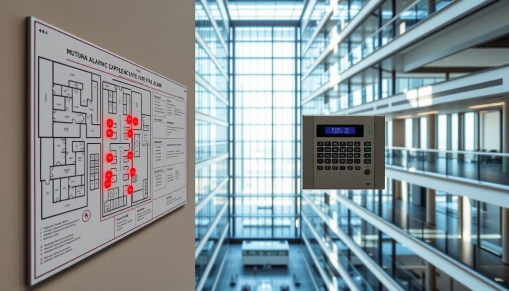 Prompt A modern, high-rise building interior with a centralized fire alarm system and integrated security features. In the foreground, a detailed panel displaying the building's floor plans, with various sensor nodes highlighted. The middle ground showcases a wall-mounted fire alarm control unit, its sleek design reflecting the building's architectural aesthetic. In the background, a panoramic view of the building's atrium, filled with natural light streaming through floor-to-ceiling windows. The overall atmosphere conveys a sense of safety, efficiency, and technological integration within the building's security infrastructure.
