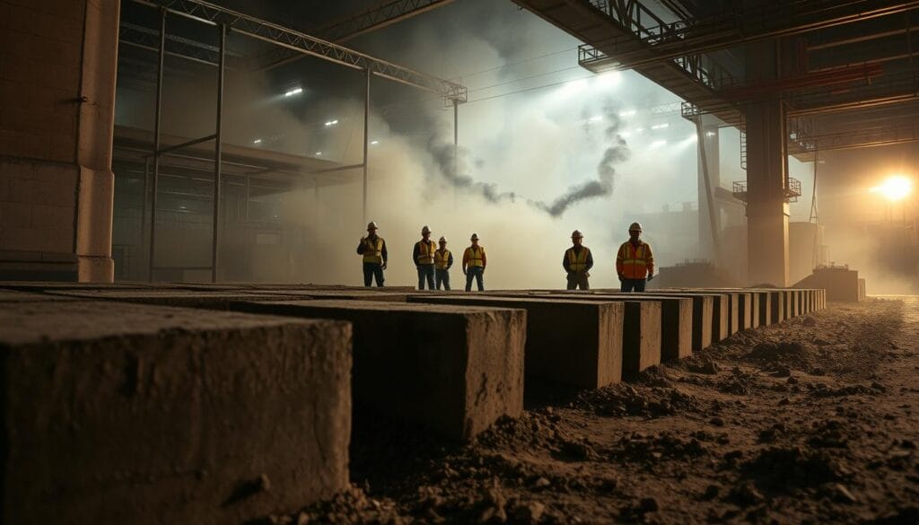Seismic activity in an industrial zone, captured through a wide-angle lens. In the foreground, concrete foundations and metal structures tremble as the ground shifts, casting dramatic shadows. In the middle ground, workers in hard hats and safety gear monitor the situation, their expressions tense. The background is hazy with dust and smoke, suggesting the scale of the disturbance. Harsh industrial lighting casts an ominous glow, heightening the sense of danger and urgency. The scene conveys the challenges of maintaining safety and stability in a high-risk manufacturing environment prone to seismic events.